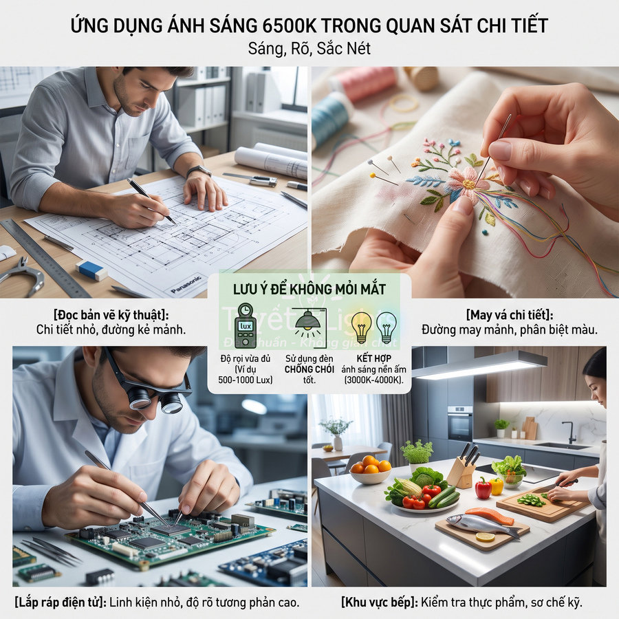 Ứng dụng đèn LED ánh sáng 6500K cho đọc bản vẽ, thêu tay, lắp ráp điện tử và chuẩn bị thực phẩm