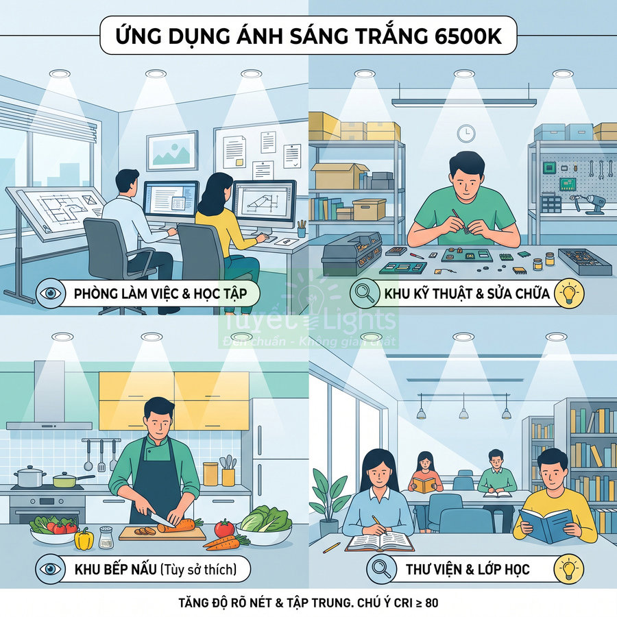 Ứng dụng đèn LED ánh sáng trắng 6500K cho phòng làm việc, bếp, khu kỹ thuật, thư viện và lớp học