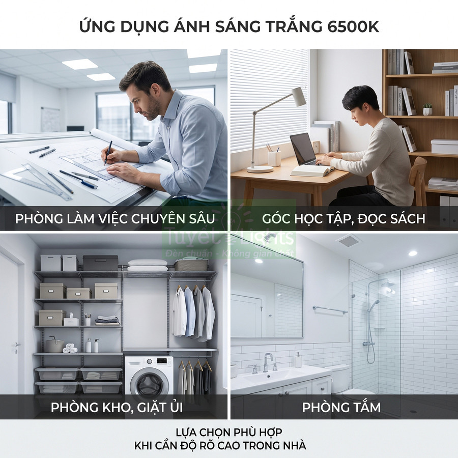 Ứng dụng đèn ánh sáng trắng 6500K cho phòng làm việc, góc học tập, phòng kho giặt ủi và phòng tắm trong nhà