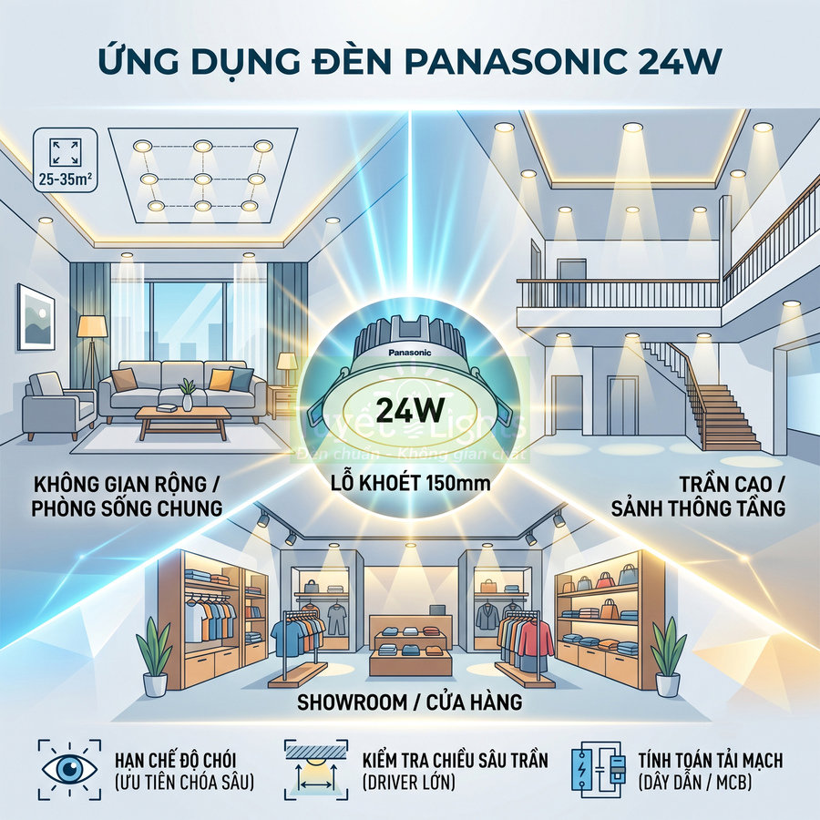 Ứng dụng đèn âm trần Panasonic 24W cho phòng khách, sảnh trần cao và showroom cửa hàng thời trang