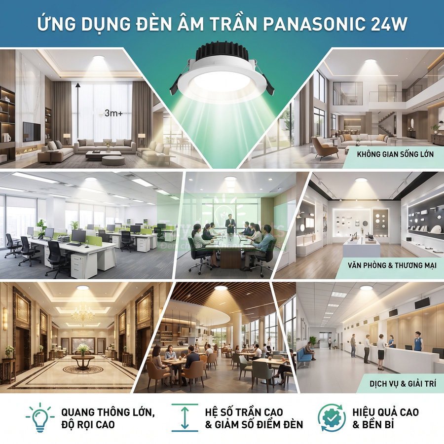 Đèn âm trần Panasonic 24W phù hợp công trình nào?