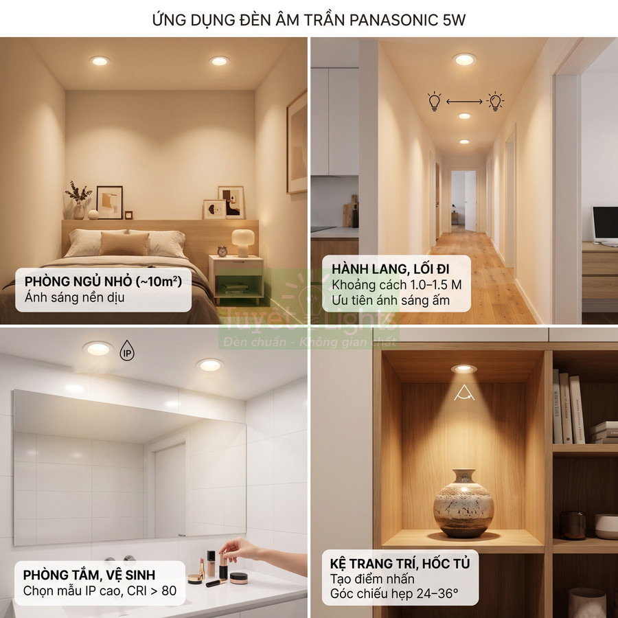 Ứng dụng đèn âm trần Panasonic 5W chiếu sáng phòng ngủ, hành lang, phòng tắm và kệ trang trí trong nhà