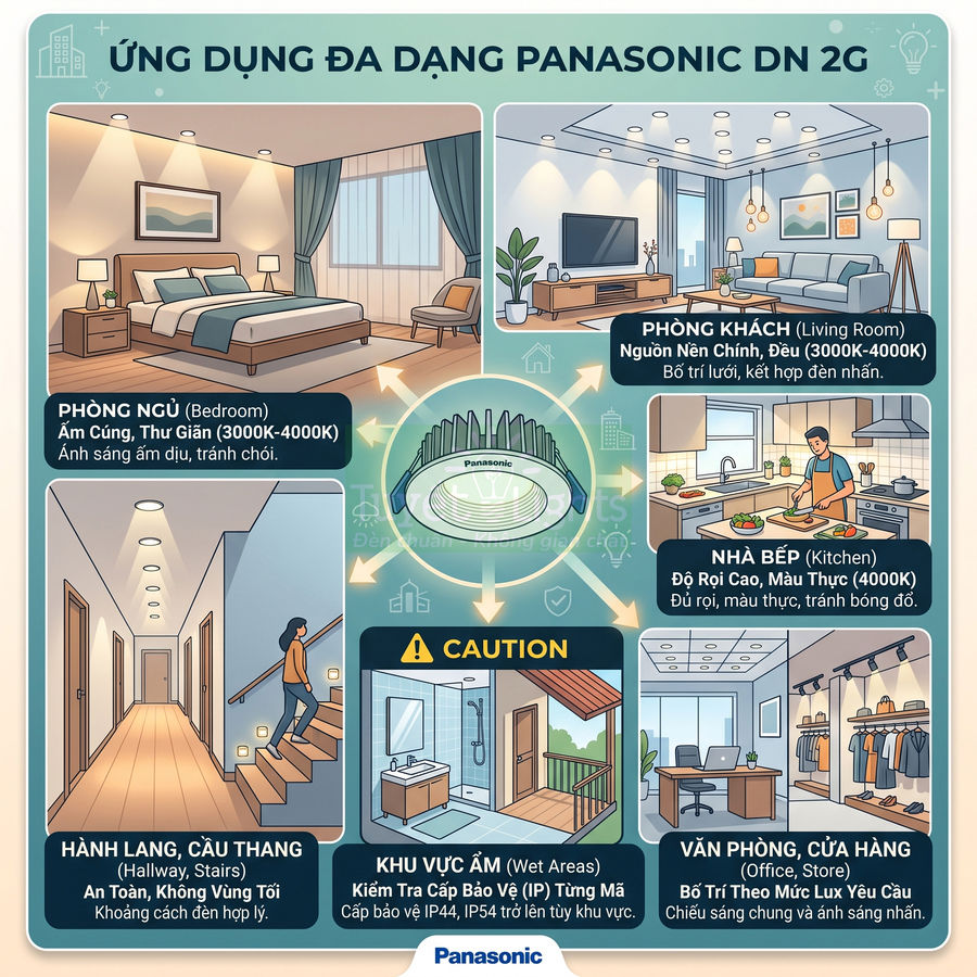 Đèn LED âm trần Panasonic DN 2G chiếu sáng phòng ngủ, phòng khách, bếp, hành lang, khu vực ẩm và văn phòng