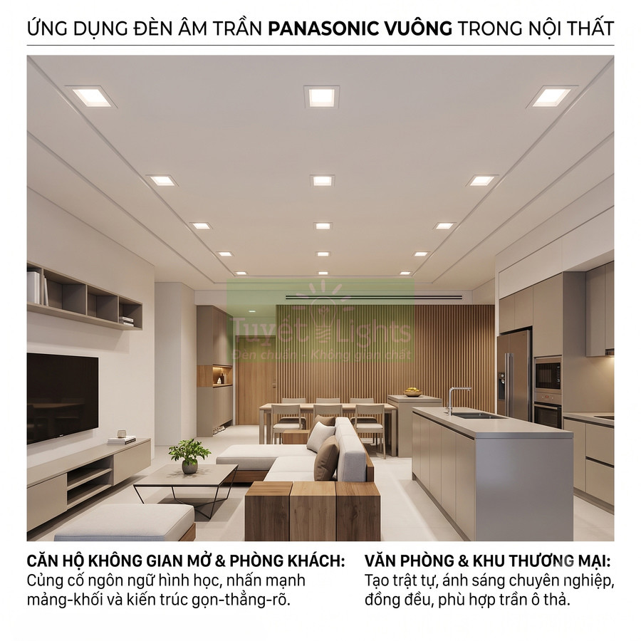 Đèn âm trần vuông Panasonic chiếu sáng phòng khách và bếp hiện đại không gian mở