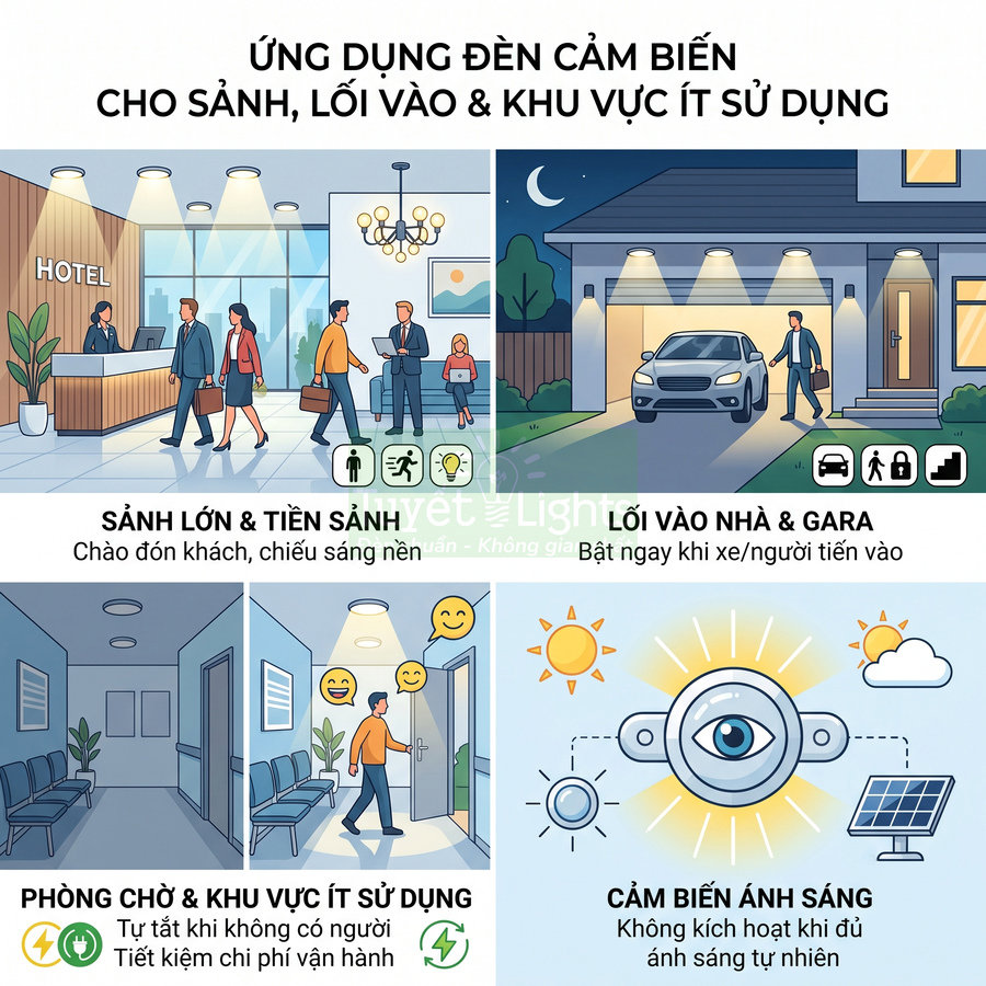 Ứng dụng đèn cảm biến cho sảnh khách sạn, lối vào gara, phòng chờ và khu vực ít sử dụng
