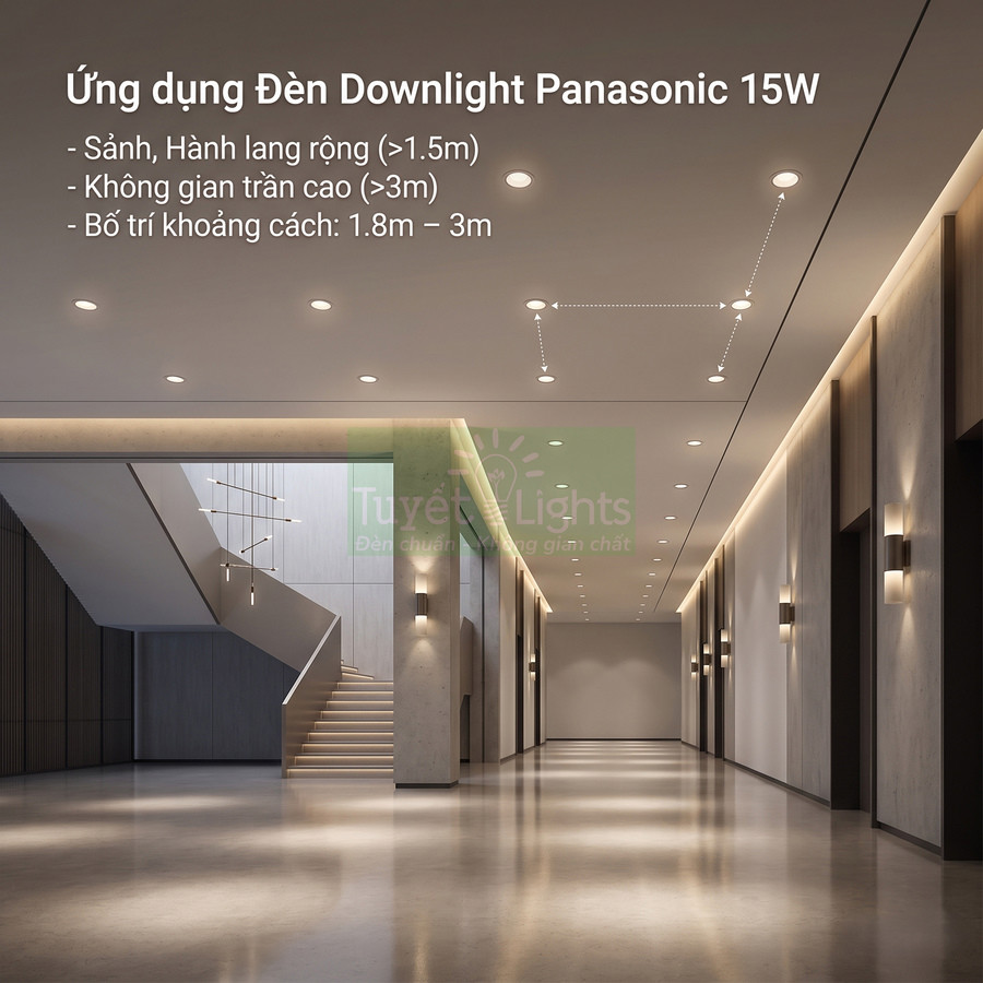 Ứng dụng đèn downlight Panasonic 15W chiếu sáng sảnh hành lang trần cao hiện đại