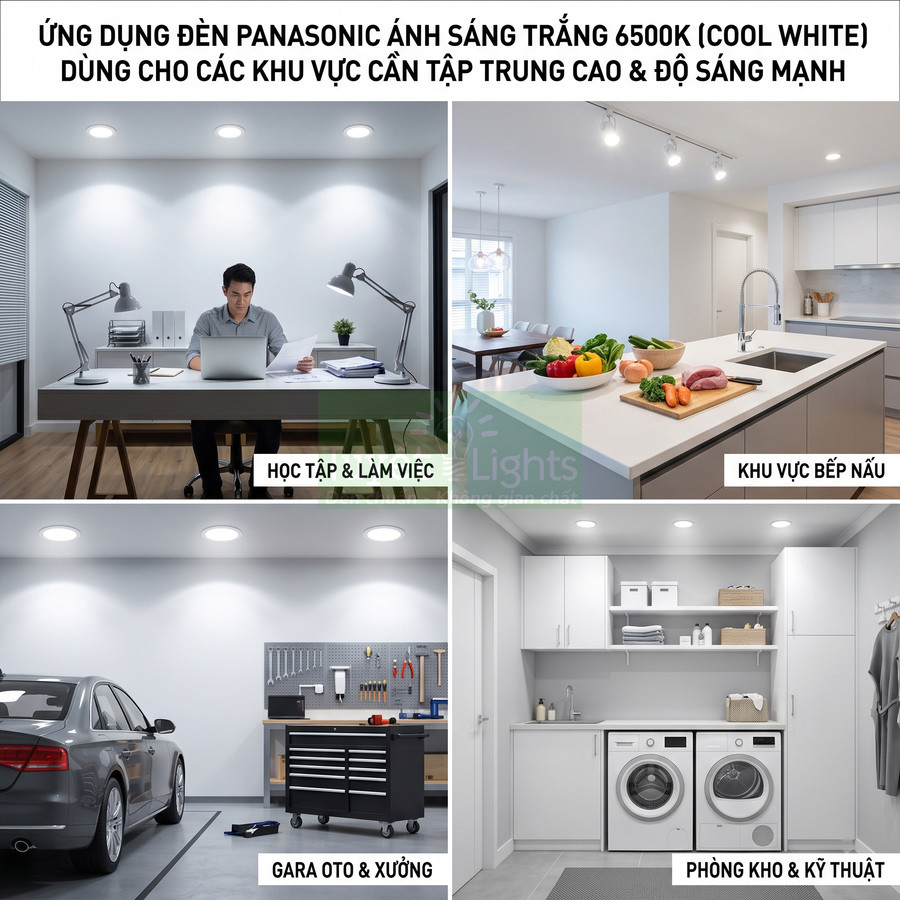 Ứng dụng đèn Panasonic ánh sáng trắng 6500K cho phòng làm việc, bếp, gara ô tô và phòng kỹ thuật