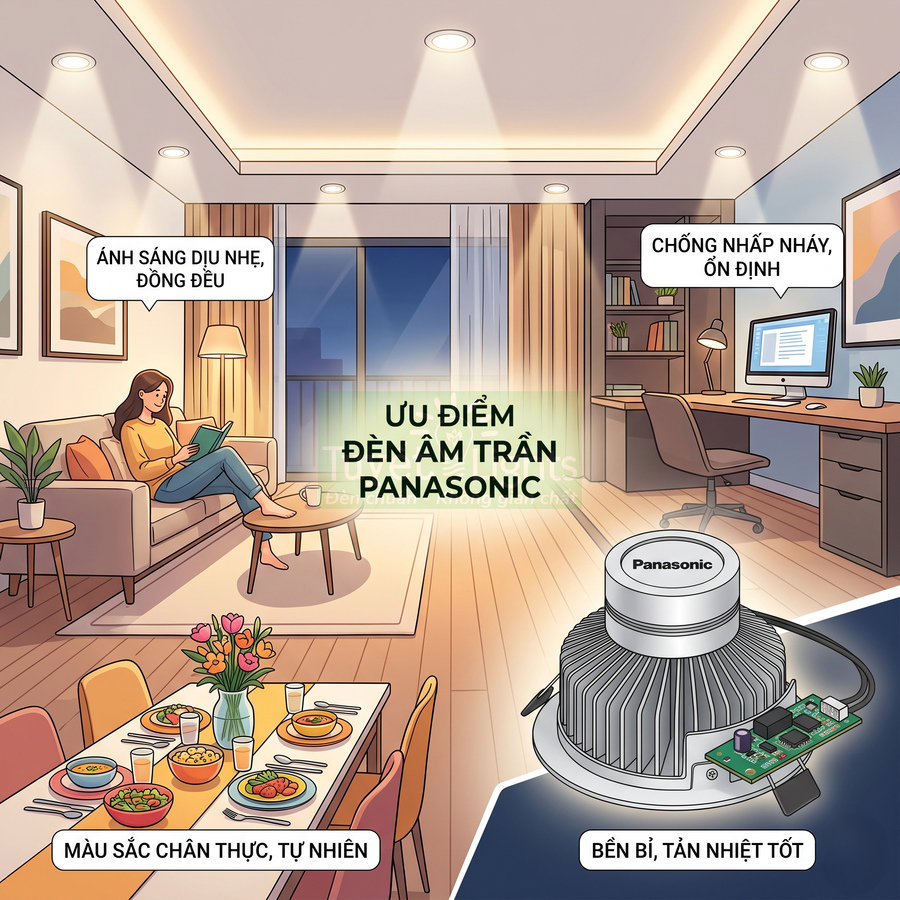 Đèn âm trần Panasonic chiếu sáng phòng khách và phòng làm việc, ánh sáng dịu, chống nhấp nháy, màu sắc tự nhiên