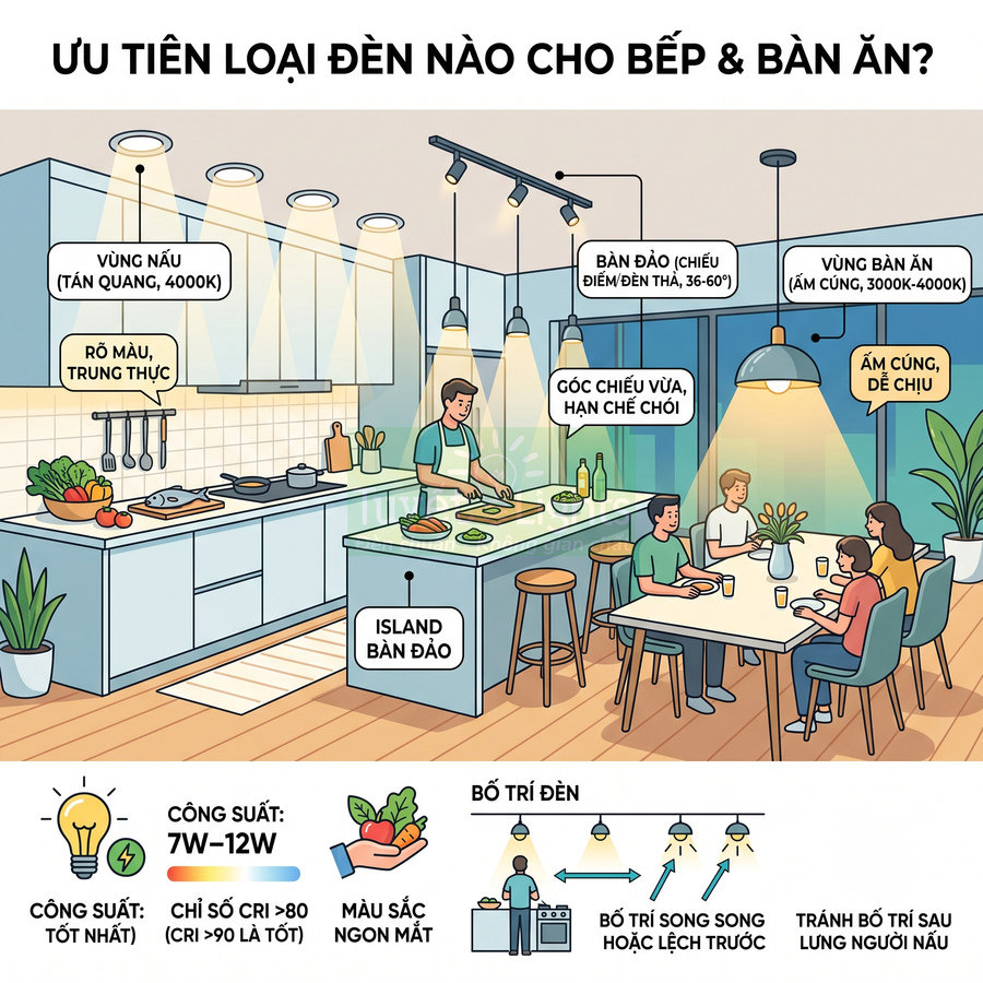 Đèn LED chiếu sáng bếp và bàn ăn, bố trí cho vùng nấu, đảo bếp và bàn ăn tạo không gian ấm cúng, rõ màu thực phẩm