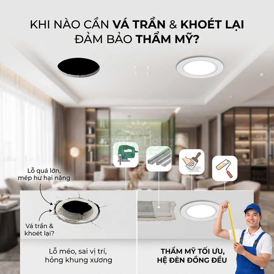 Hướng dẫn vá trần và khoét lại lỗ đèn âm trần để lắp hệ đèn LED thẩm mỹ trong phòng khách