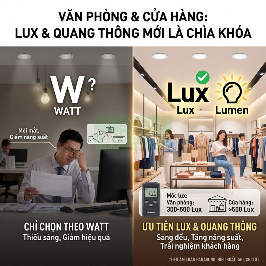 Đèn âm trần Panasonic chiếu sáng văn phòng và cửa hàng, ưu tiên lux và quang thông tăng hiệu quả và trải nghiệm khách hàng
