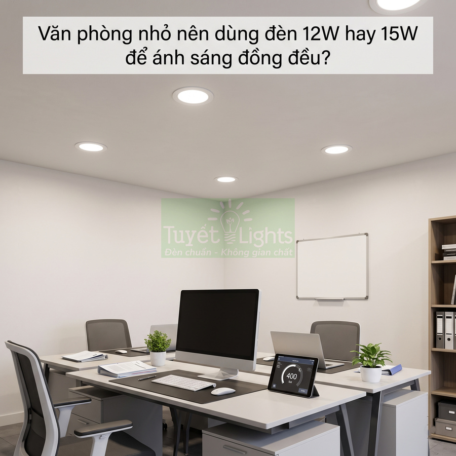 Đèn âm trần Tuyết Lights chiếu sáng văn phòng nhỏ với bàn làm việc, máy tính và nội thất hiện đại