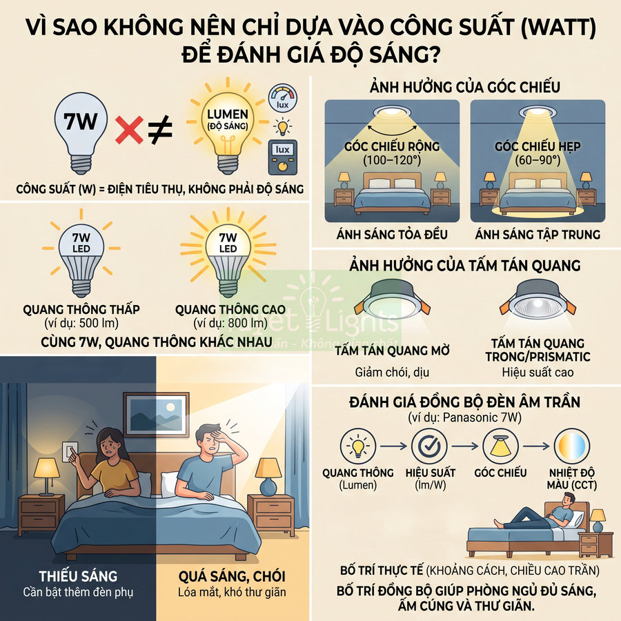 Infographic hướng dẫn chọn đèn LED âm trần theo quang thông, góc chiếu và tấm tán quang thay vì chỉ dựa vào công suất watt