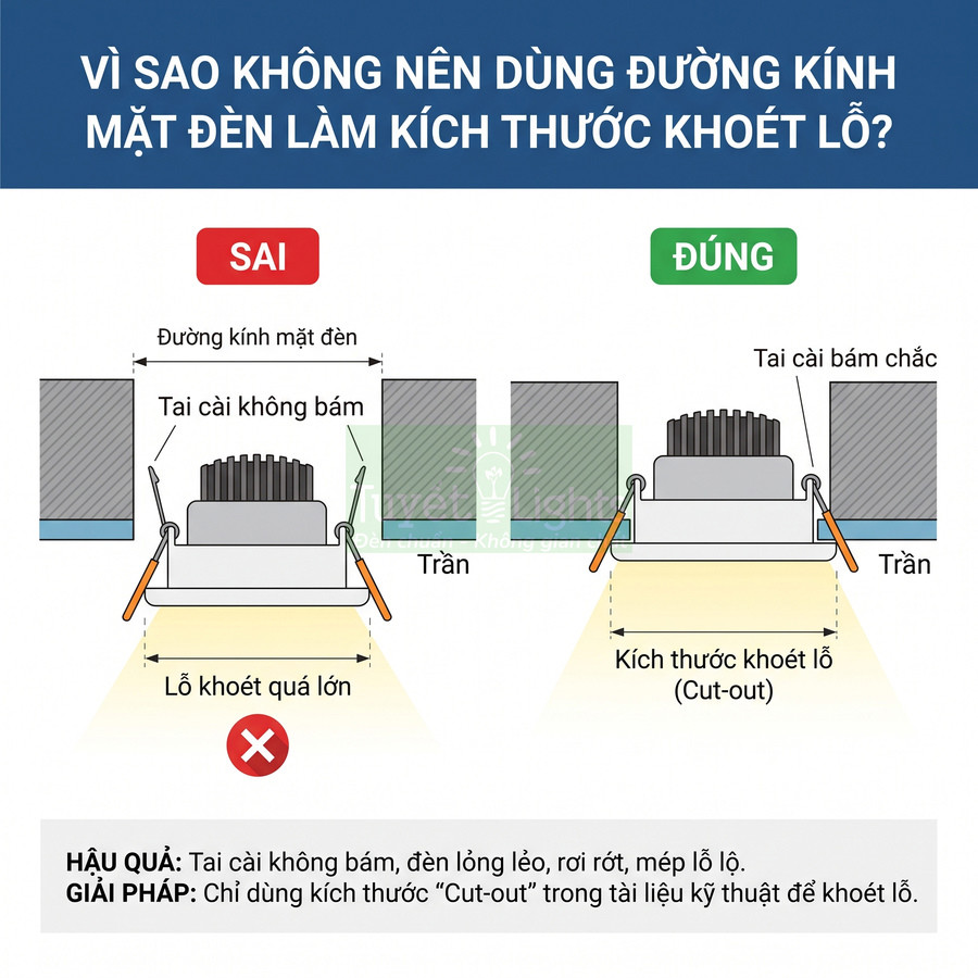 Hướng dẫn chọn kích thước khoét lỗ đúng cho đèn âm trần, so sánh cách dùng đường kính mặt đèn và kích thước cut out