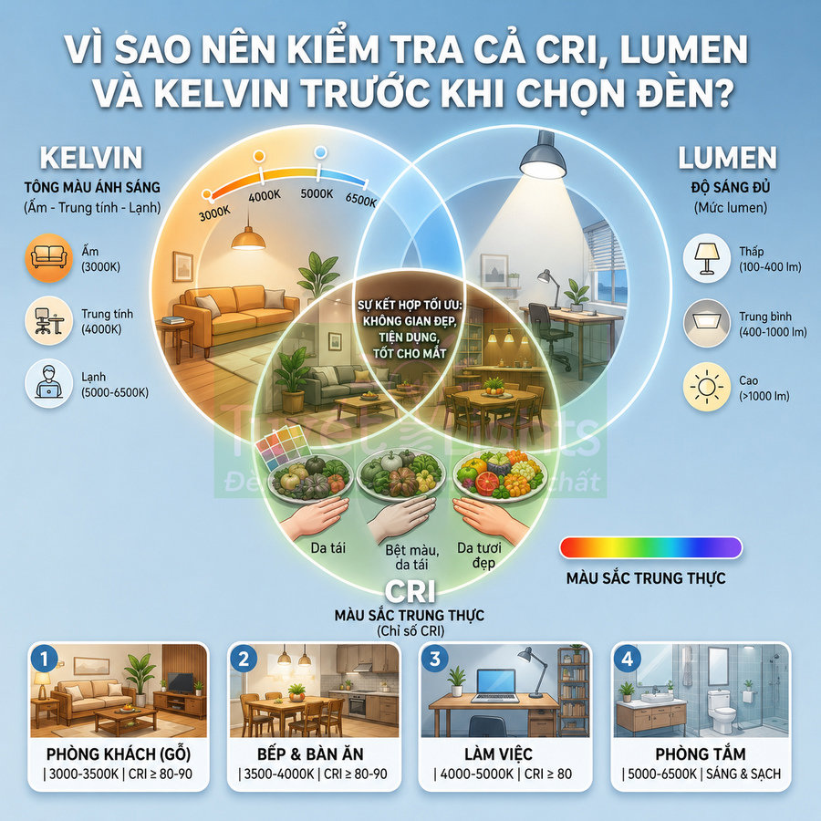Hướng dẫn chọn đèn LED theo CRI lumen và Kelvin cho phòng khách bếp bàn ăn phòng làm việc và phòng tắm