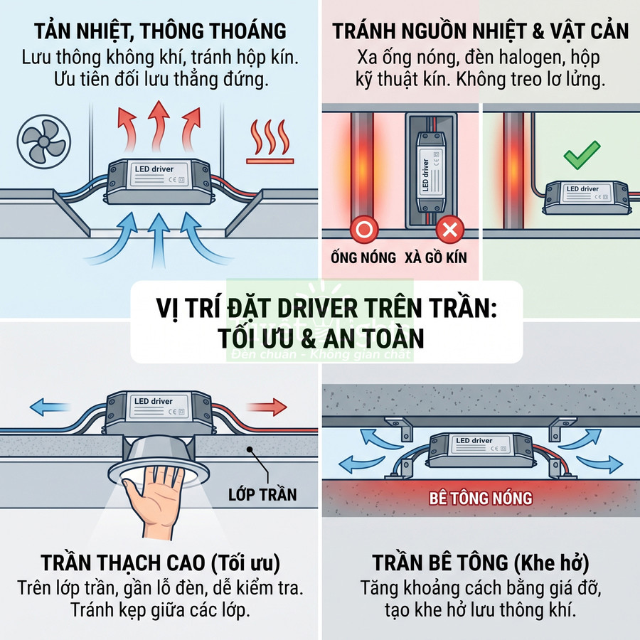 Hướng dẫn vị trí lắp đặt driver LED trên trần thạch cao và trần bê tông để tản nhiệt, an toàn và dễ kiểm tra