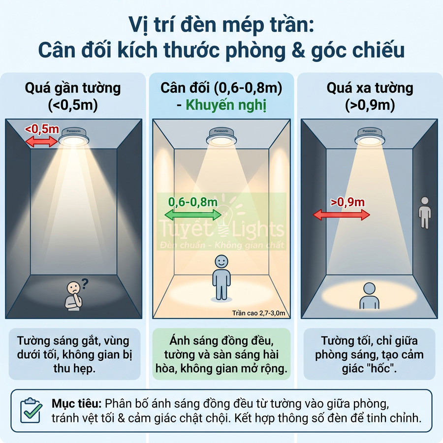 Hướng dẫn lắp đèn âm trần Panasonic cân đối khoảng cách tường 0,6 đến 0,8m để ánh sáng đều và không gian rộng