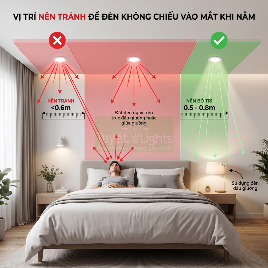 Hướng dẫn bố trí đèn âm trần trong phòng ngủ để tránh chiếu thẳng vào mắt khi nằm trên giường