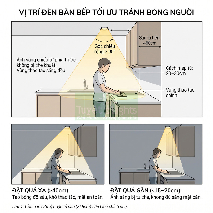 Minh họa vị trí lắp đèn trần chiếu sáng bàn bếp tối ưu, tránh bóng người che khuất vùng thao tác