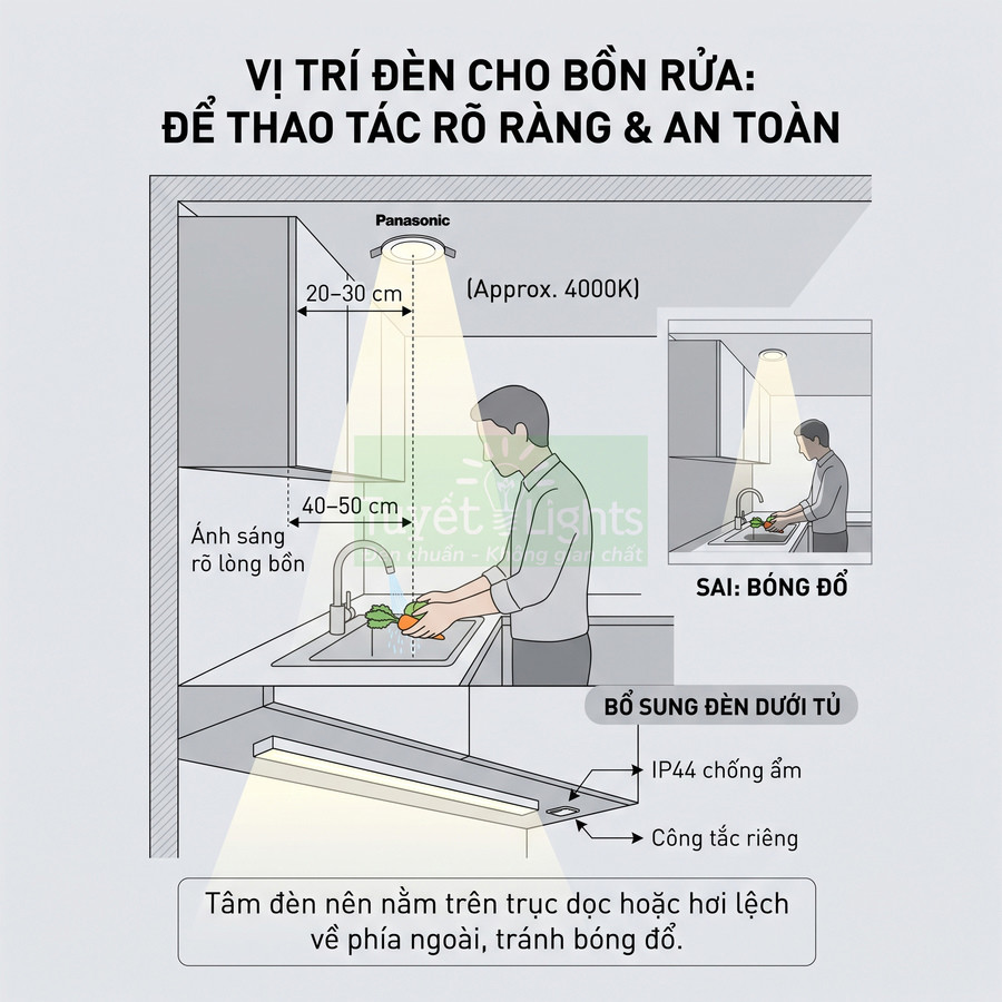 Minh họa vị trí lắp đèn Panasonic cho bồn rửa bát, hướng dẫn khoảng cách chiếu sáng rõ và an toàn