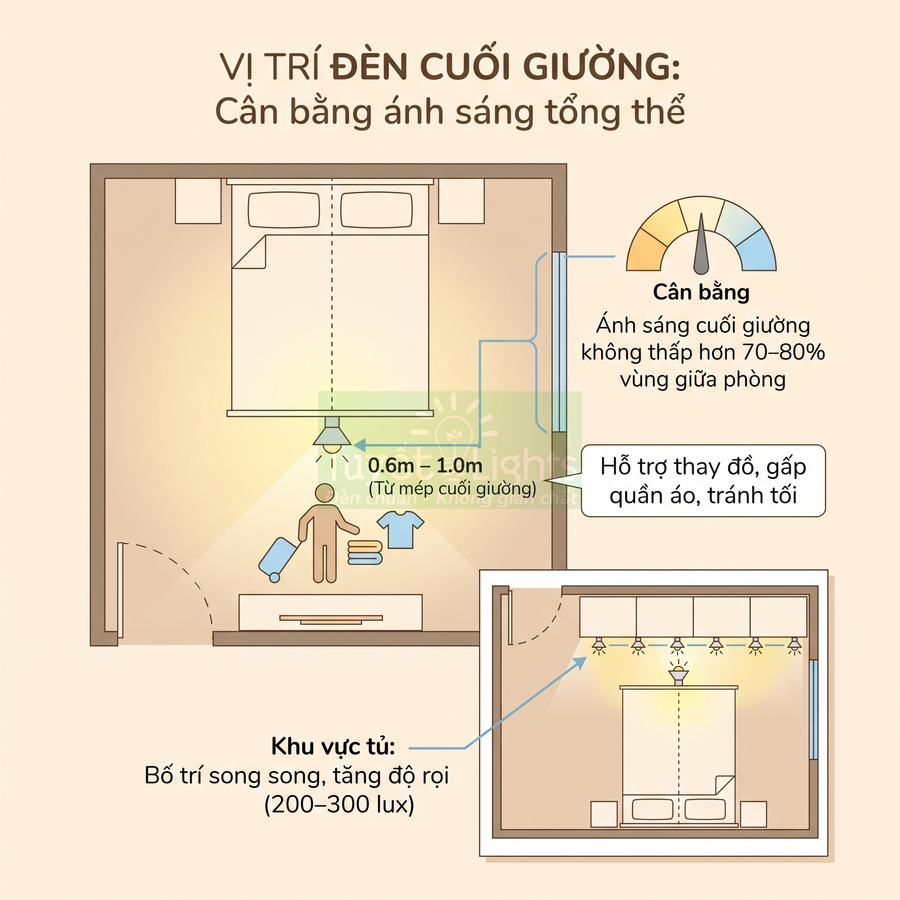 Sơ đồ bố trí đèn cuối giường và khu vực tủ quần áo trong phòng ngủ để cân bằng ánh sáng tổng thể
