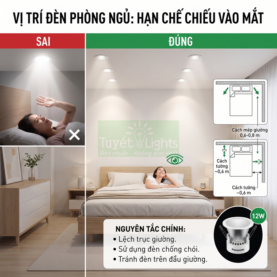 Đèn downlight Panasonic 12W lắp lệch giường trong phòng ngủ giúp hạn chế chiếu sáng trực tiếp vào mắt