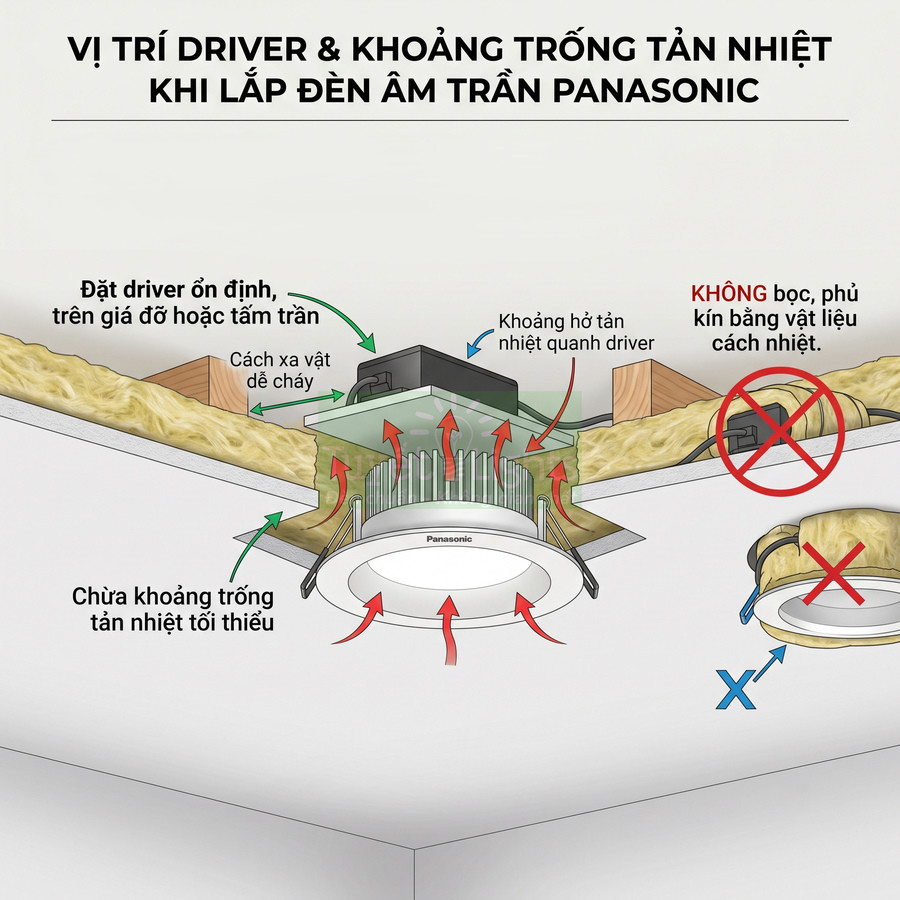 Hướng dẫn lắp đặt đèn âm trần Panasonic với vị trí driver và khoảng trống tản nhiệt an toàn