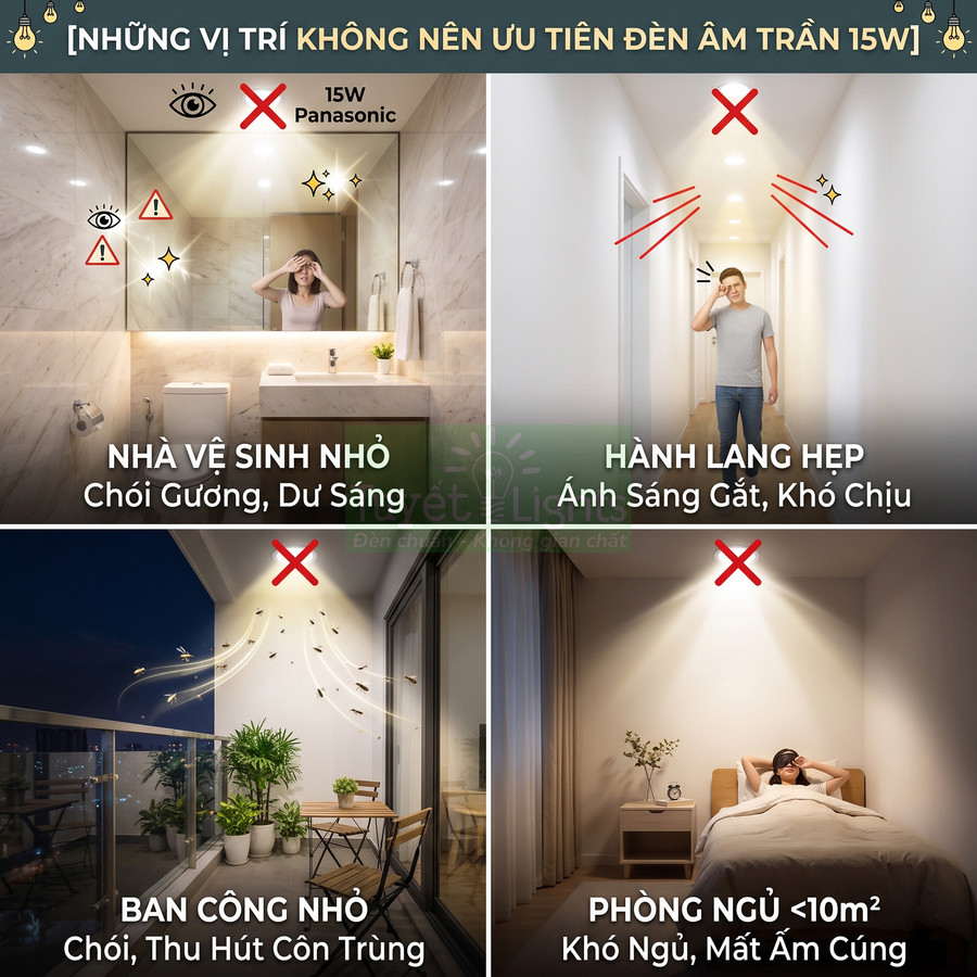 Hình minh họa các vị trí không nên lắp đèn âm trần Panasonic 15W trong nhà và ban công nhỏ