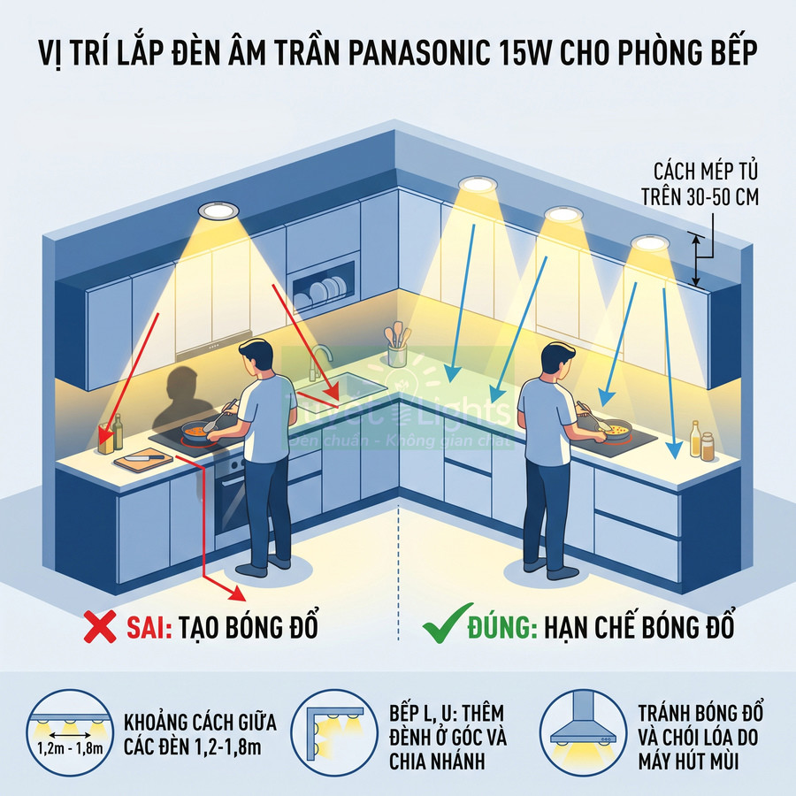 Hướng dẫn vị trí lắp đèn âm trần Panasonic 15W trong phòng bếp để hạn chế bóng đổ khi nấu ăn