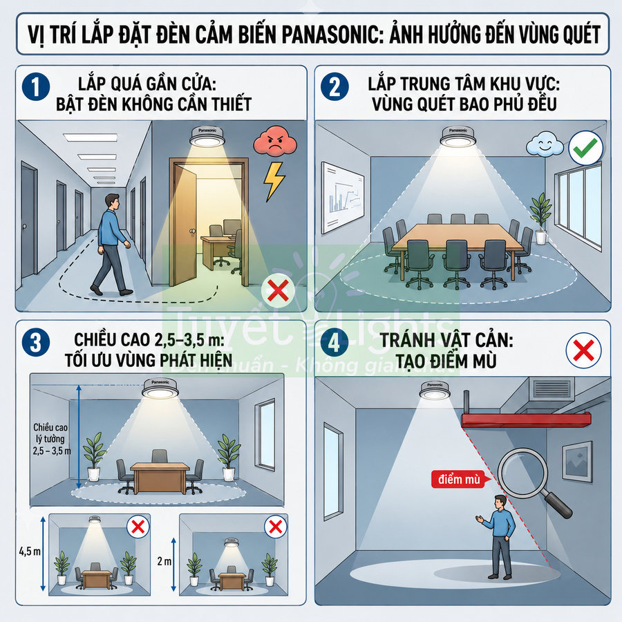 Hướng dẫn vị trí lắp đặt đèn cảm biến Panasonic trong phòng làm việc để tối ưu vùng quét