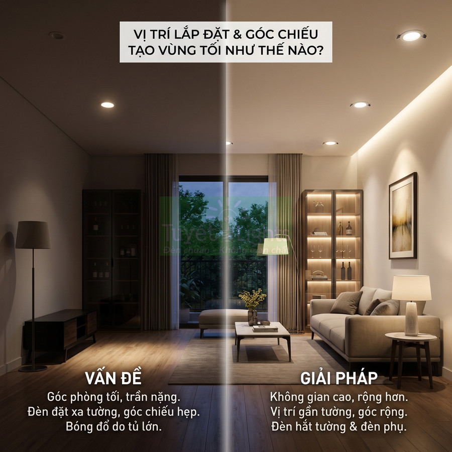 Phòng khách so sánh trước sau khi bố trí đèn âm trần và đèn hắt tường giúp không gian sáng đều, không còn vùng tối