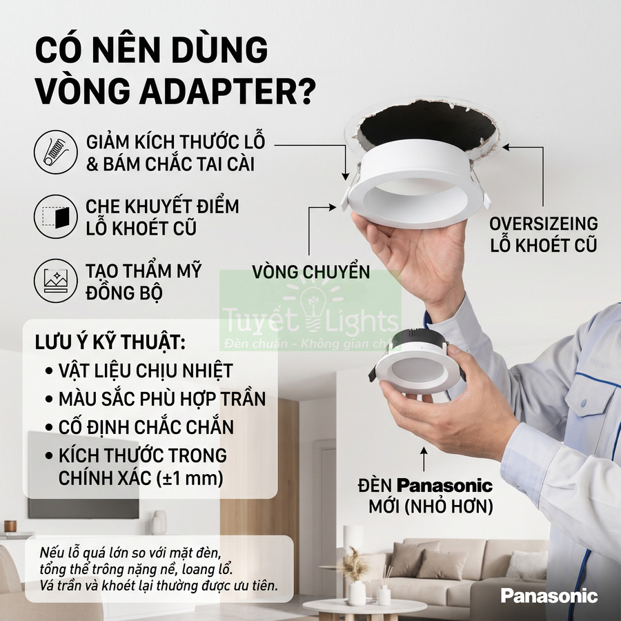 Vòng adapter đèn âm trần Panasonic giúp lắp đèn mới nhỏ hơn vào lỗ khoét trần cũ oversized