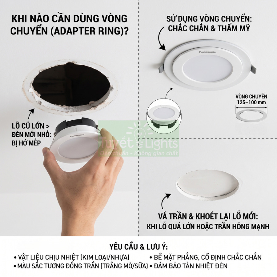 Vòng chuyển adapter ring cho đèn âm trần Panasonic giúp lắp vào lỗ trần lớn chắc chắn và thẩm mỹ