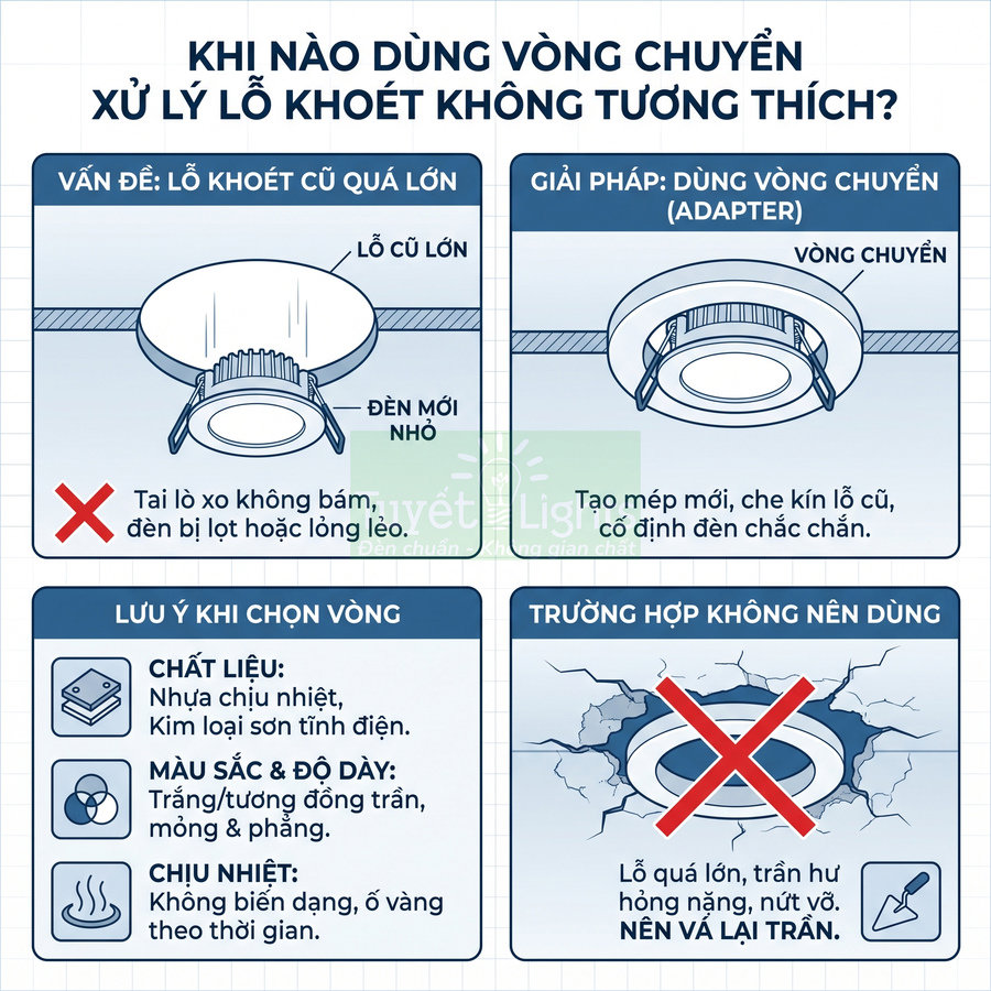 Hướng dẫn dùng vòng chuyển adapter cho đèn âm trần xử lý lỗ khoét trần nhà không tương thích