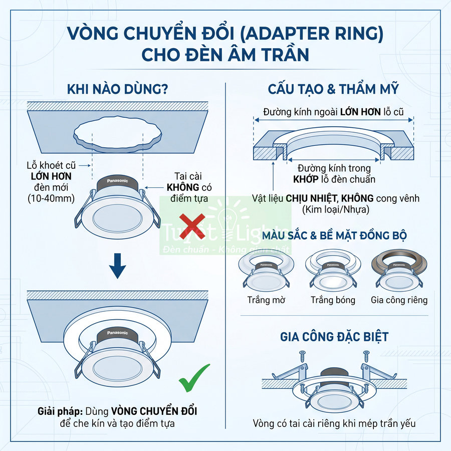 Vòng chuyển đổi adapter ring cho đèn âm trần Panasonic che kín lỗ khoét trần lớn hơn đèn