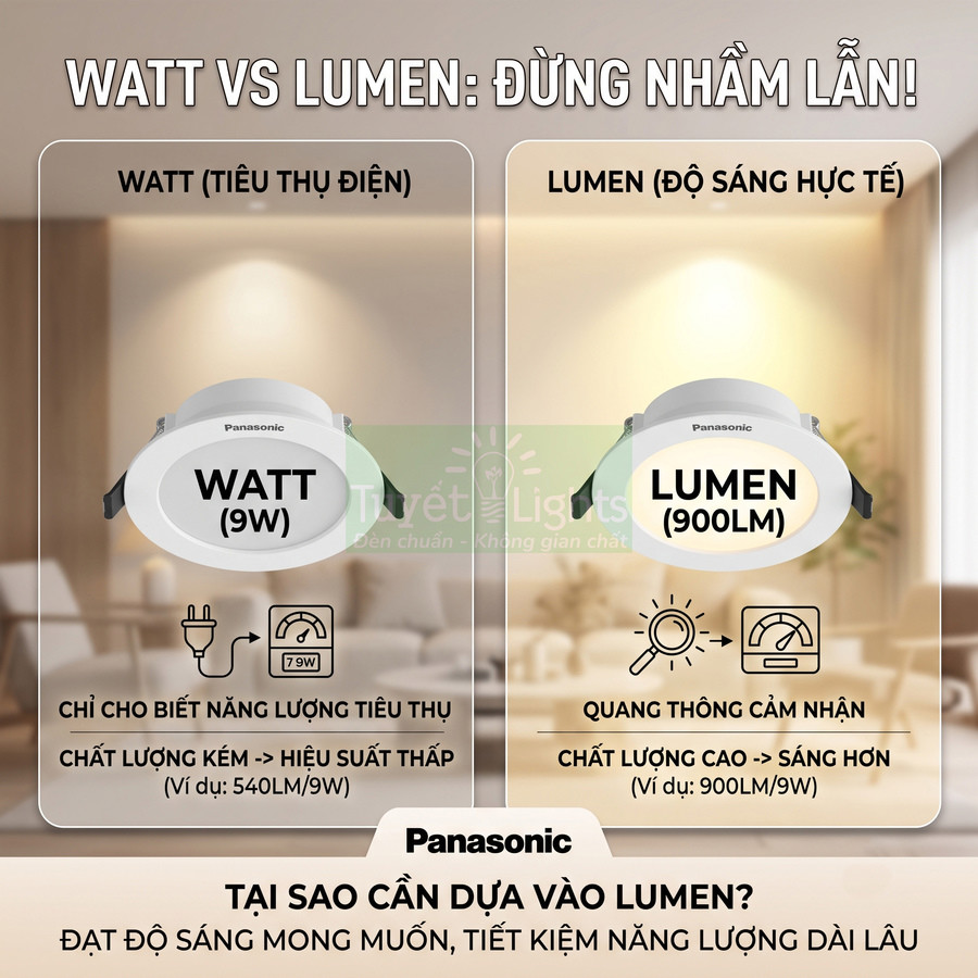 Đèn downlight Panasonic so sánh watt và lumen, nhấn mạnh độ sáng 900 lumen tiết kiệm điện