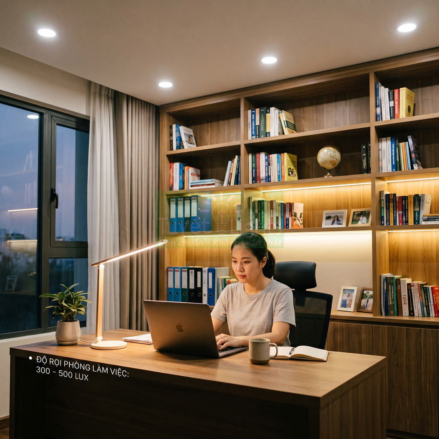 Đèn bàn LED chiếu sáng bàn làm việc với laptop trong phòng làm việc gia đình có kệ sách gỗ