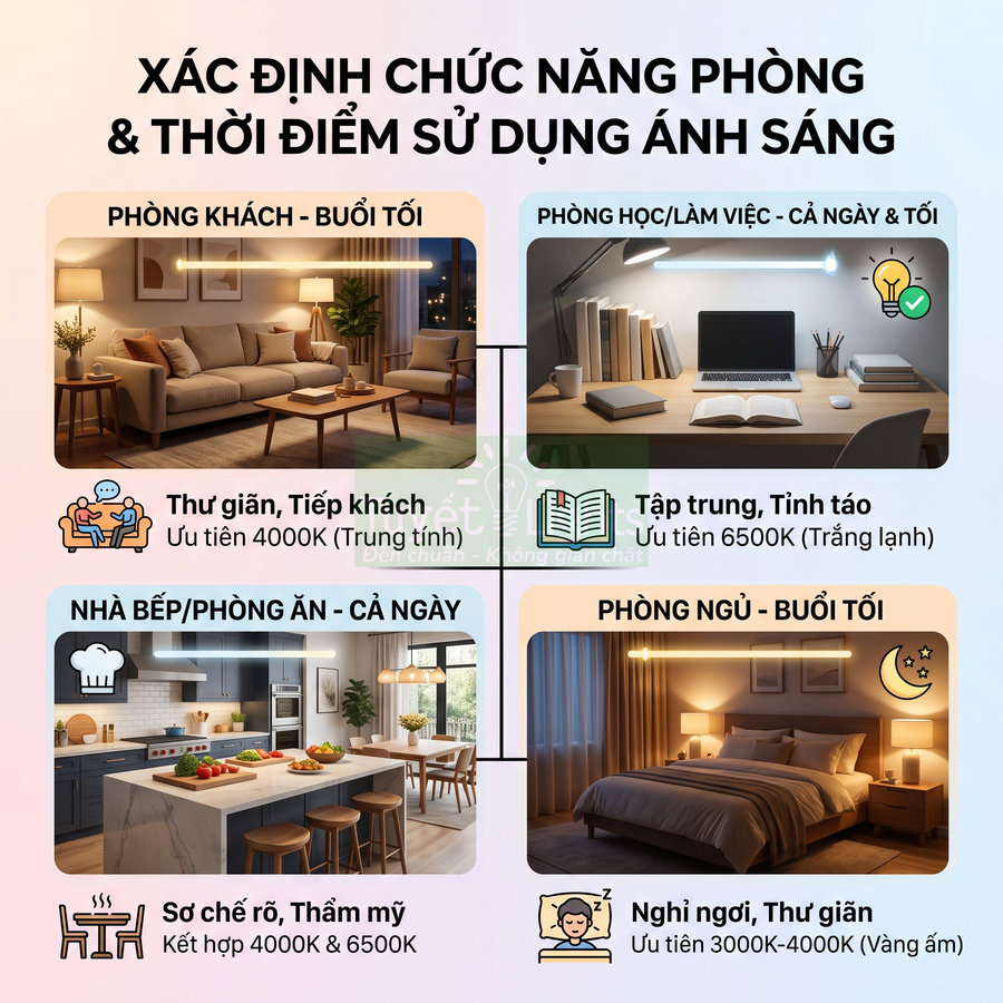 Hướng dẫn chọn nhiệt độ màu đèn LED cho phòng khách, bếp, phòng làm việc và phòng ngủ theo chức năng sử dụng
