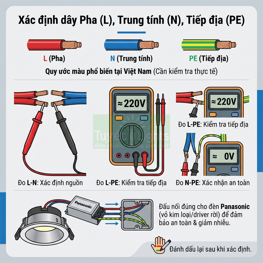 Hướng dẫn đấu nối dây pha trung tính tiếp địa cho đèn âm trần Panasonic bằng đồng hồ đo điện an toàn