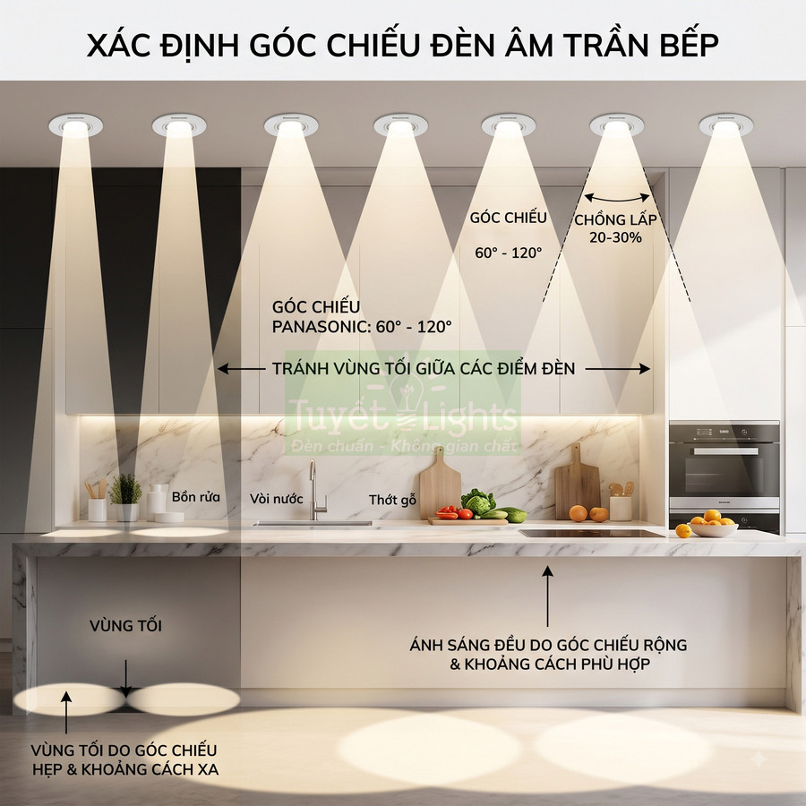 Hướng dẫn bố trí đèn âm trần Panasonic chiếu sáng đều khu vực bếp và mặt bàn đá marble