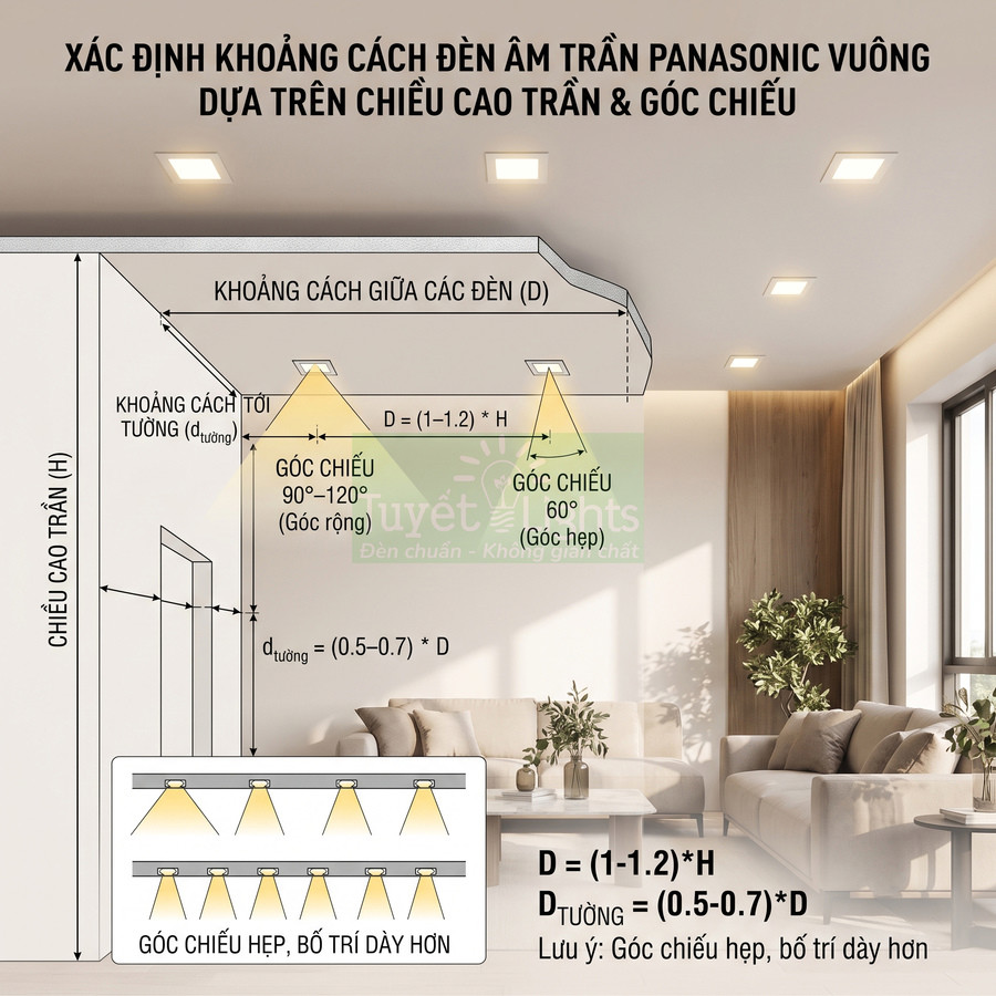 Hướng dẫn bố trí đèn âm trần Panasonic vuông trong phòng khách dựa trên chiều cao trần và góc chiếu