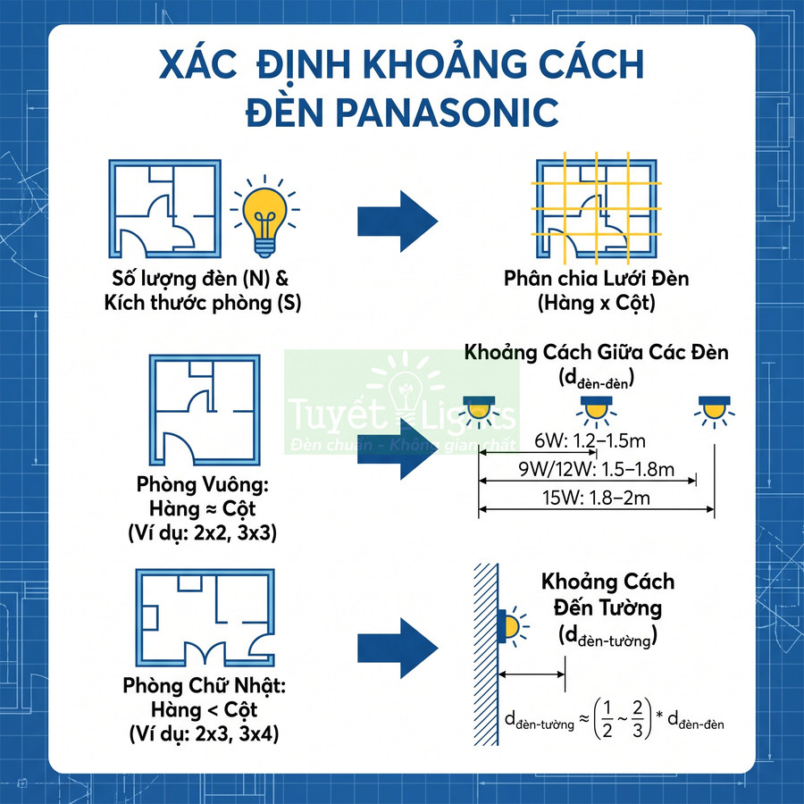 Hướng dẫn xác định khoảng cách lắp đặt đèn Panasonic theo kích thước phòng và công suất đèn