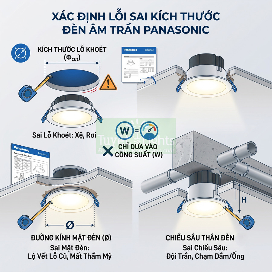 Hướng dẫn xác định sai kích thước lắp đặt đèn âm trần Panasonic gồm lỗ khoét, đường kính và chiều sâu đèn