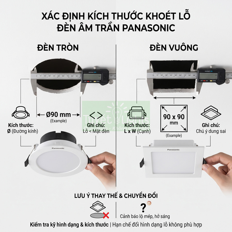 Hướng dẫn đo kích thước khoét lỗ cho đèn âm trần Panasonic tròn và vuông
