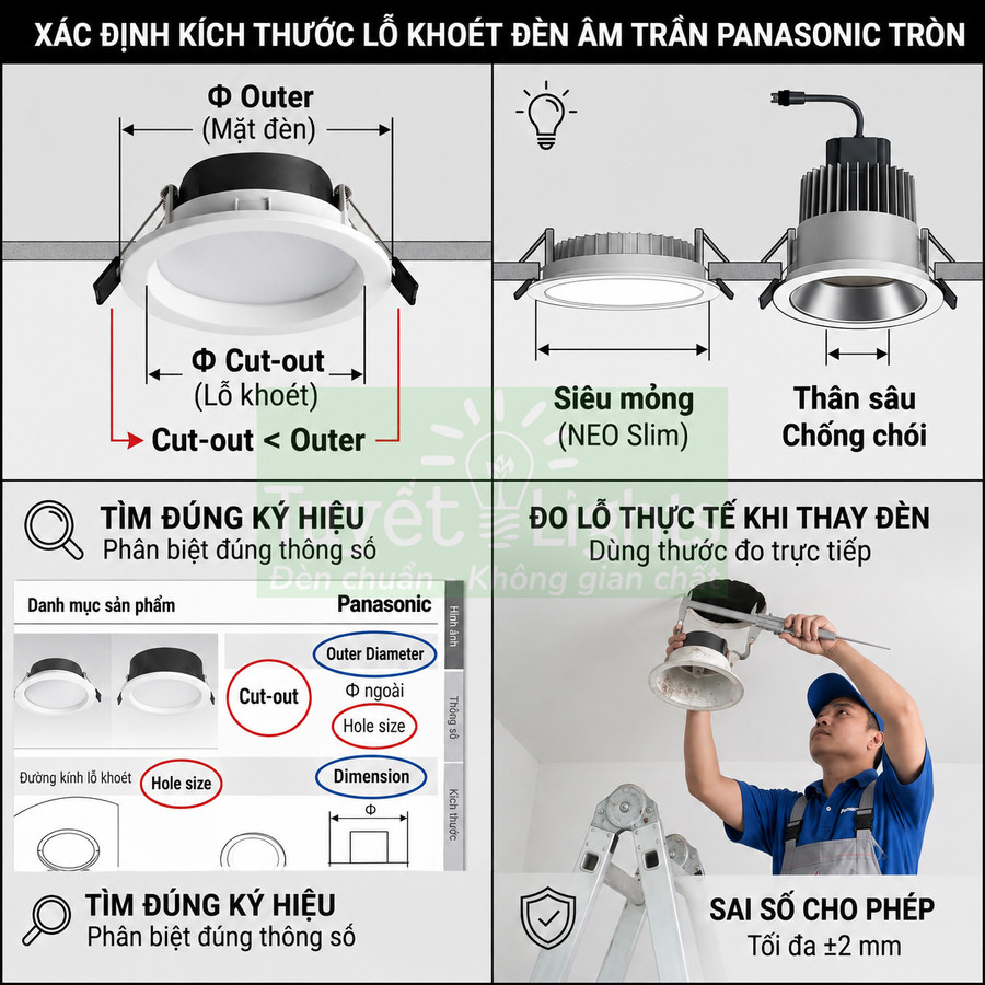 Hướng dẫn đo kích thước lỗ khoét và lắp đặt đèn âm trần Panasonic tròn, so sánh đèn siêu mỏng và thân sâu