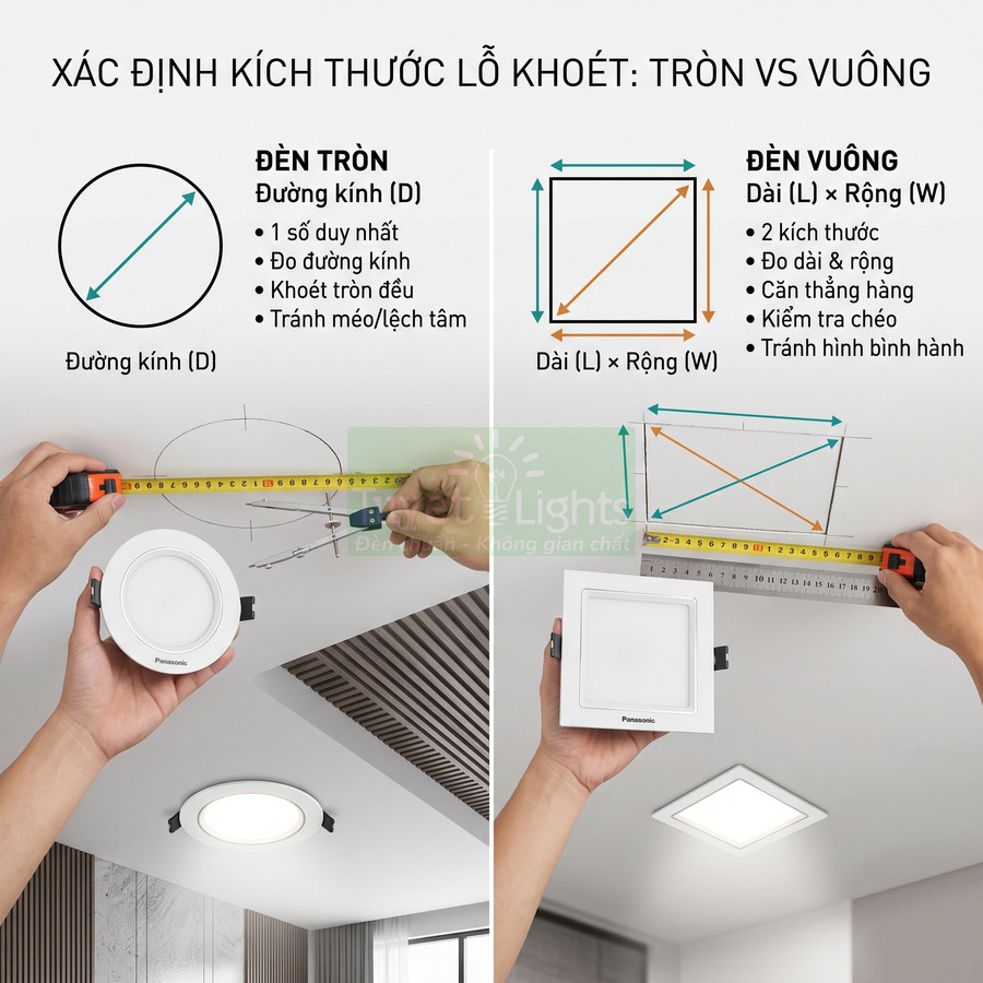 Hướng dẫn đo lỗ khoét trần cho đèn âm trần Panasonic tròn và vuông bằng thước dây