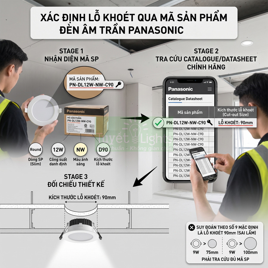 Hướng dẫn xác định kích thước lỗ khoét 90mm cho đèn âm trần Panasonic PN DL12W NW C90 qua mã sản phẩm