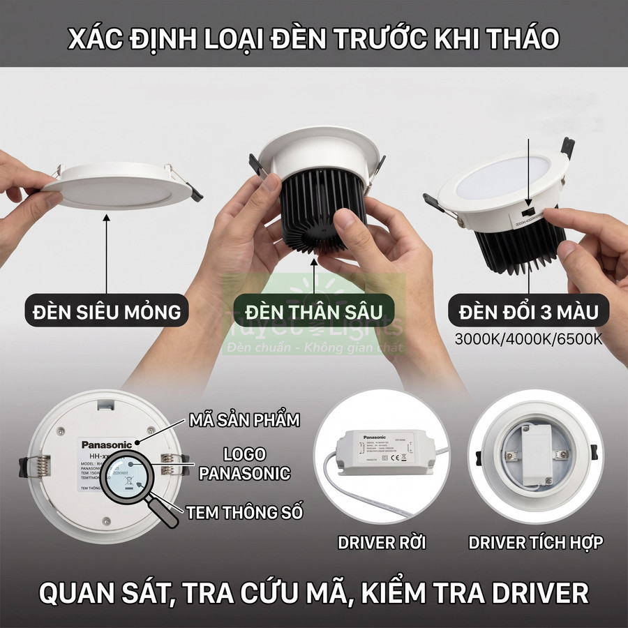 Đèn âm trần Panasonic siêu mỏng, thân sâu, đổi 3 màu kèm hướng dẫn kiểm tra mã sản phẩm và driver