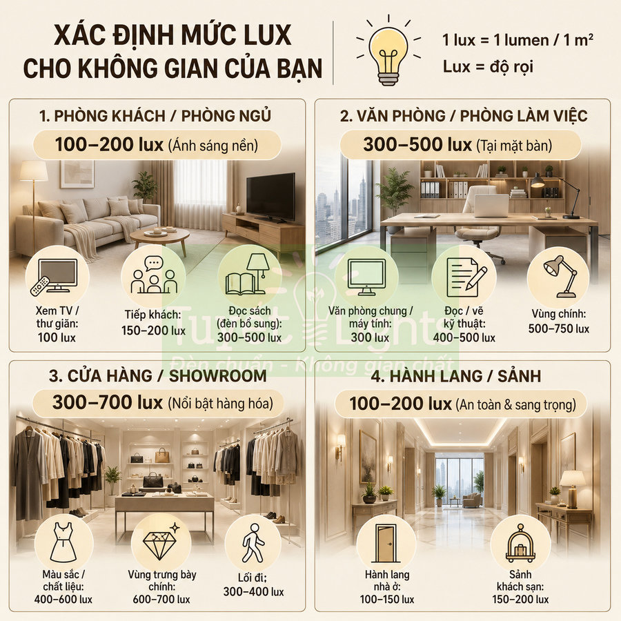 Bảng hướng dẫn mức độ sáng lux chuẩn cho phòng khách, phòng ngủ, văn phòng, cửa hàng và hành lang