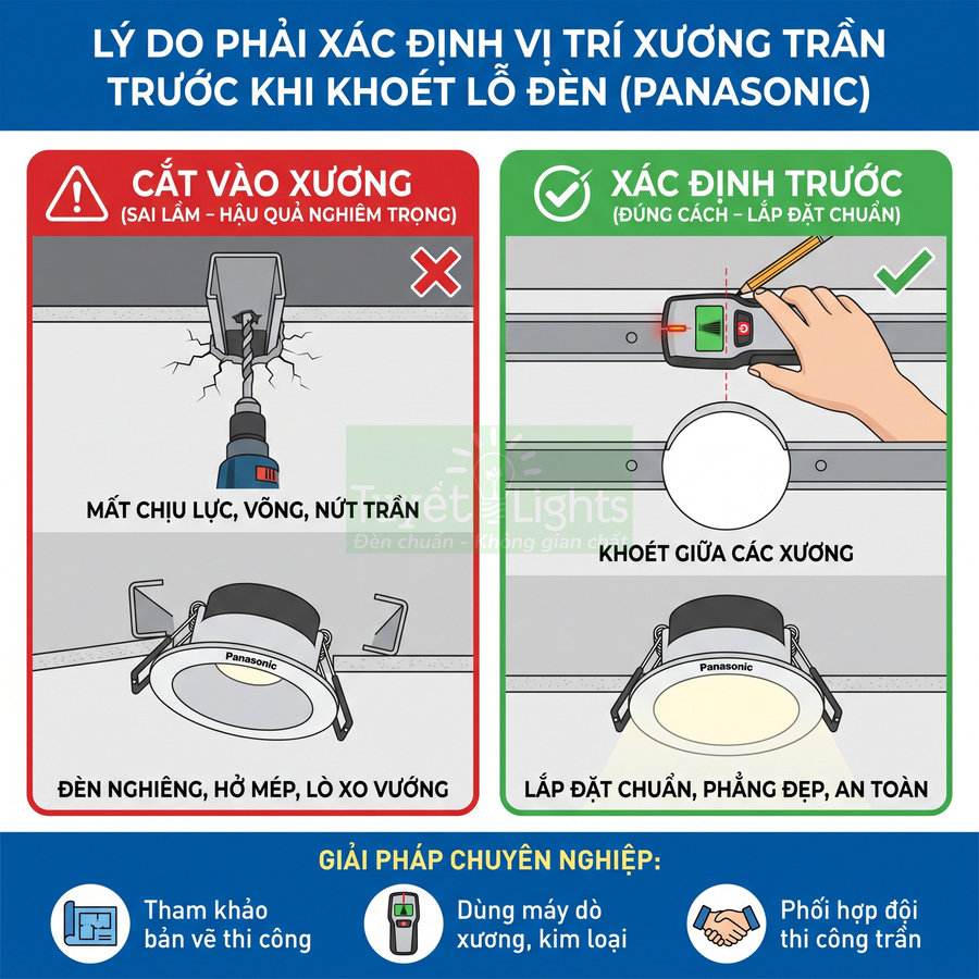 Hướng dẫn xác định vị trí khoét lỗ lắp đèn âm trần Panasonic đúng cách để trần phẳng đẹp an toàn